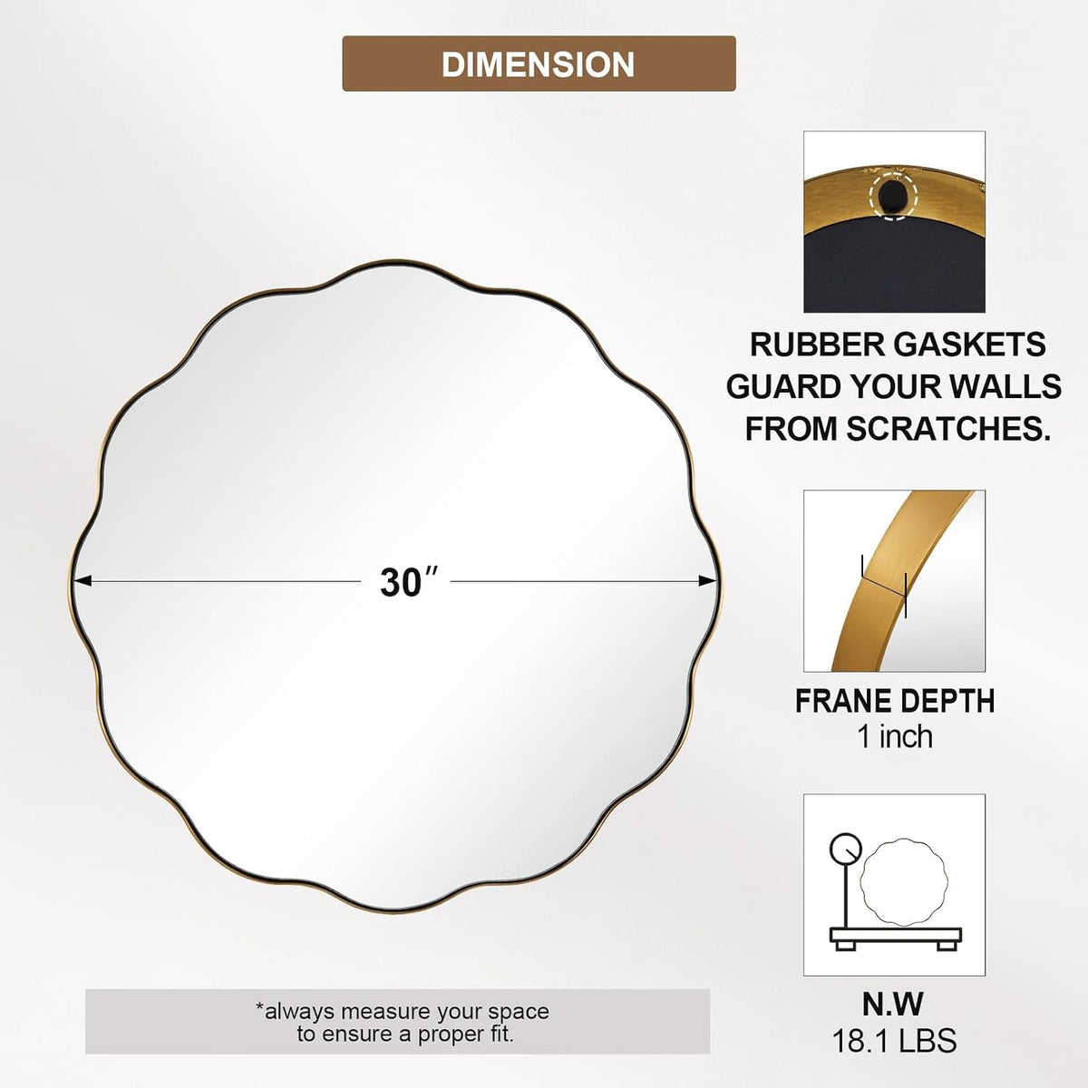 30-Inch Brushed Gold Rustproof Round Wall Mirror