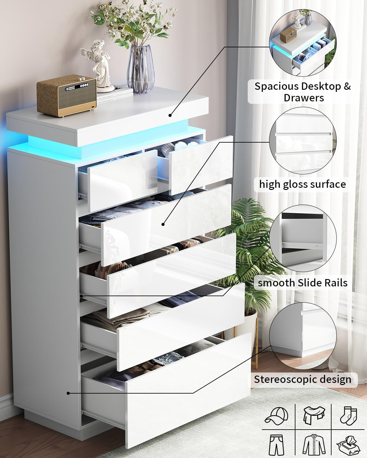 White 6 Drawer High Gloss Dresser Featuring Integrated Led Lights