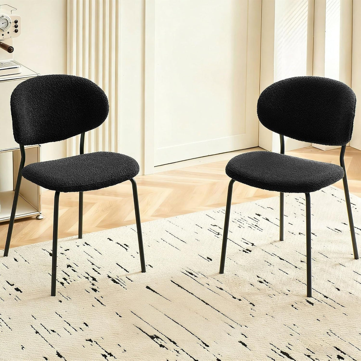 Black Boucle Curved-Back Metal-Leg Dining Chair Pair