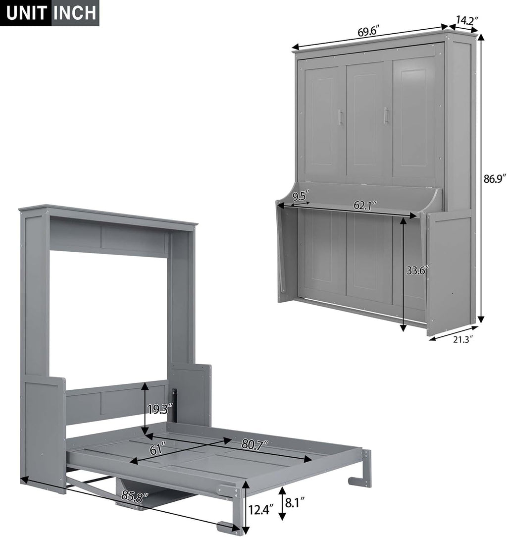 Gray Queen Murphy Bed With Premium Solid Wood Finish