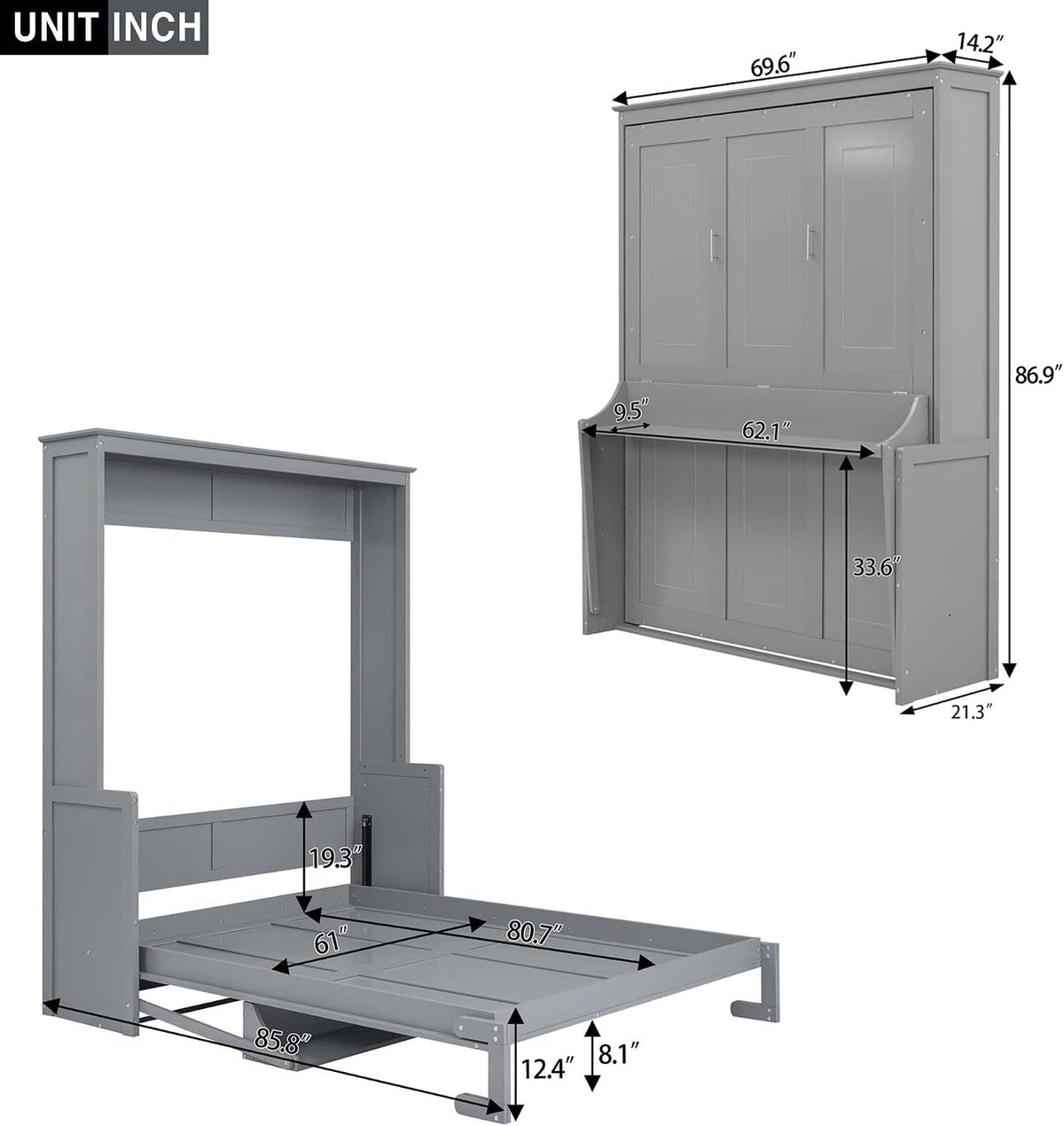 Gray Queen Murphy Bed With Premium Solid Wood Finish