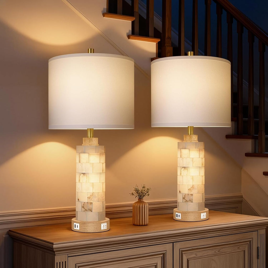 27Inch Alabaster Wood Table Lamps Setof2 Nightlight