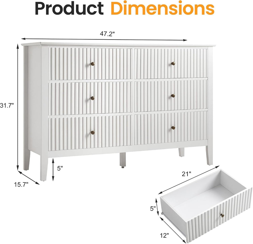 White 6 Drawers Fluted Contemporary Storage Dresser