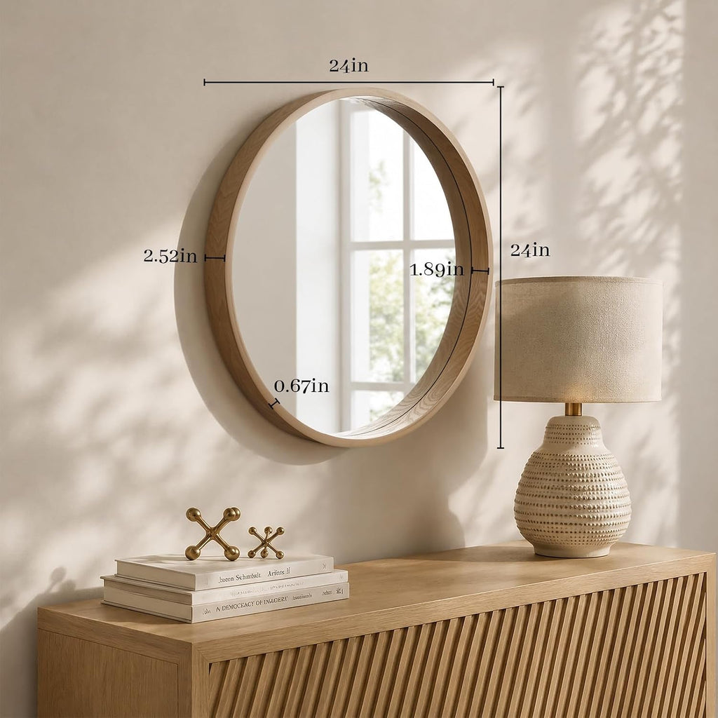 24Inch Natural Wooden Round Bathroom Wall Mirror