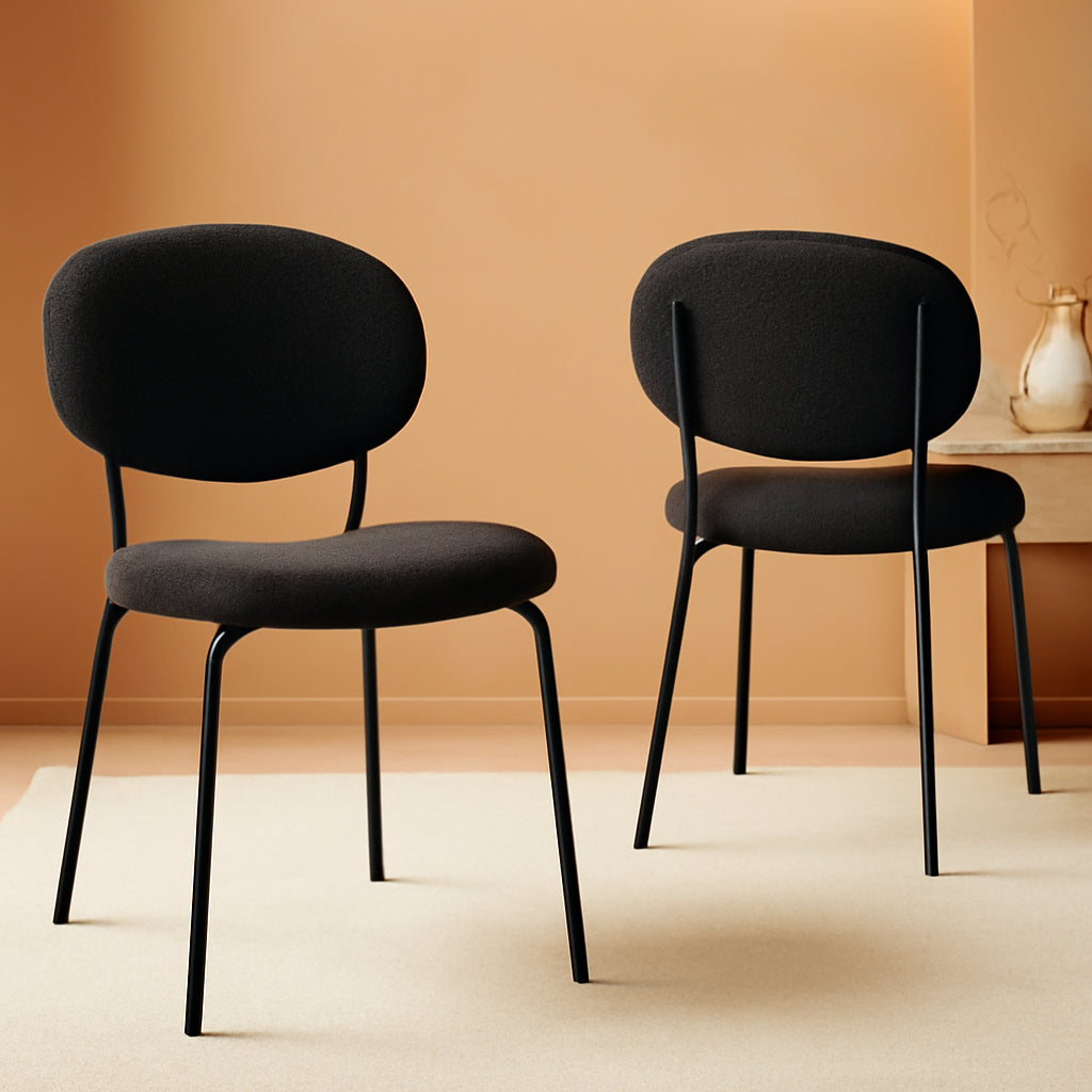 Black Boucle Curved-Back Metal-Leg Dining Chair Pair