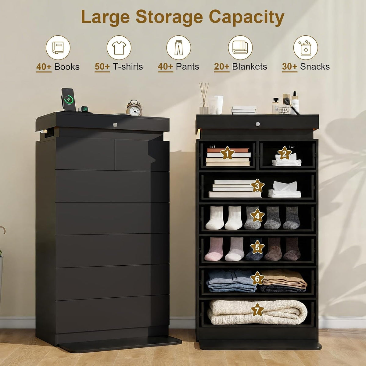 Contemporary Black Dresser Seven Drawers Led Lighting Strip