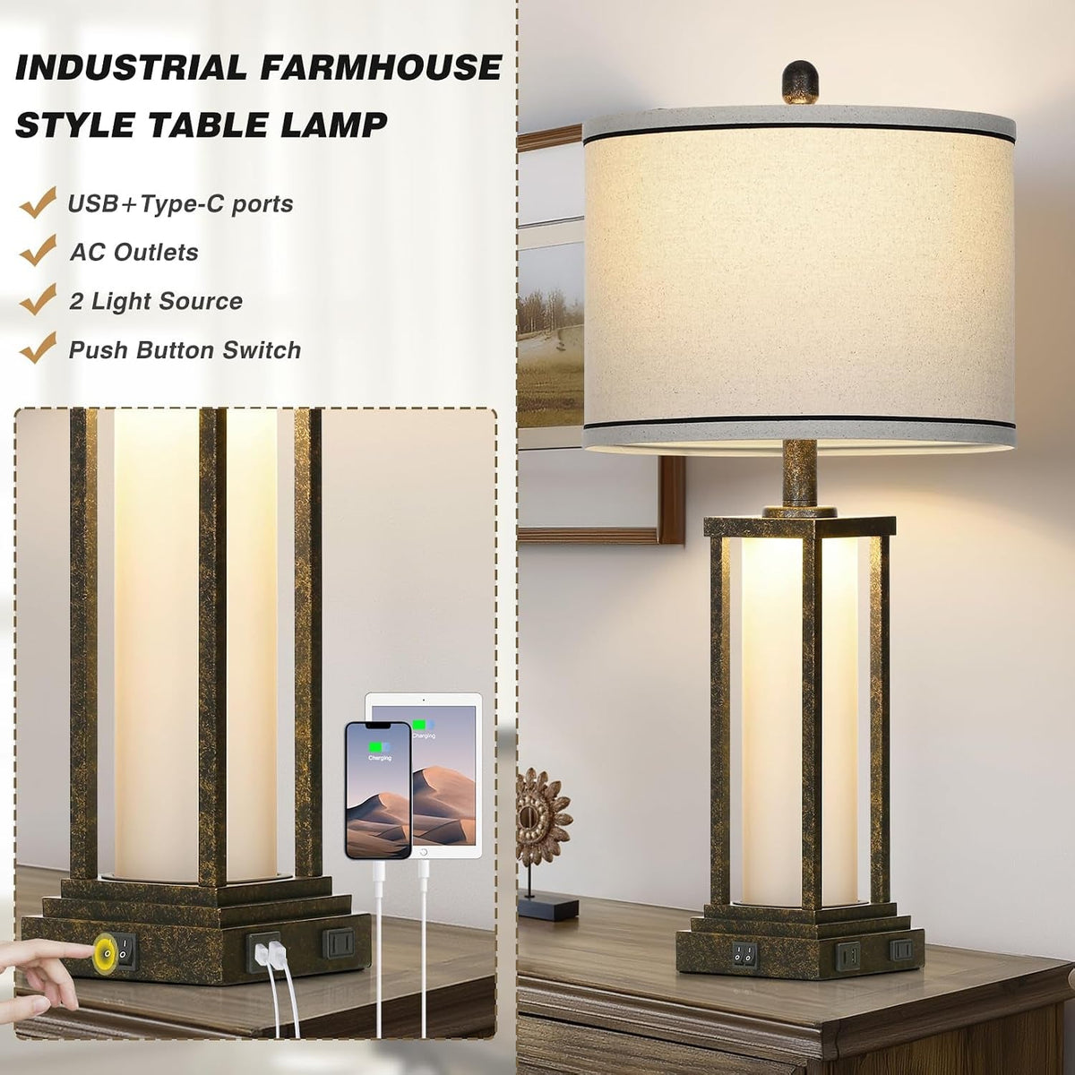 27Inch Bronze Bedside Nightstand Lamp Charging Ports