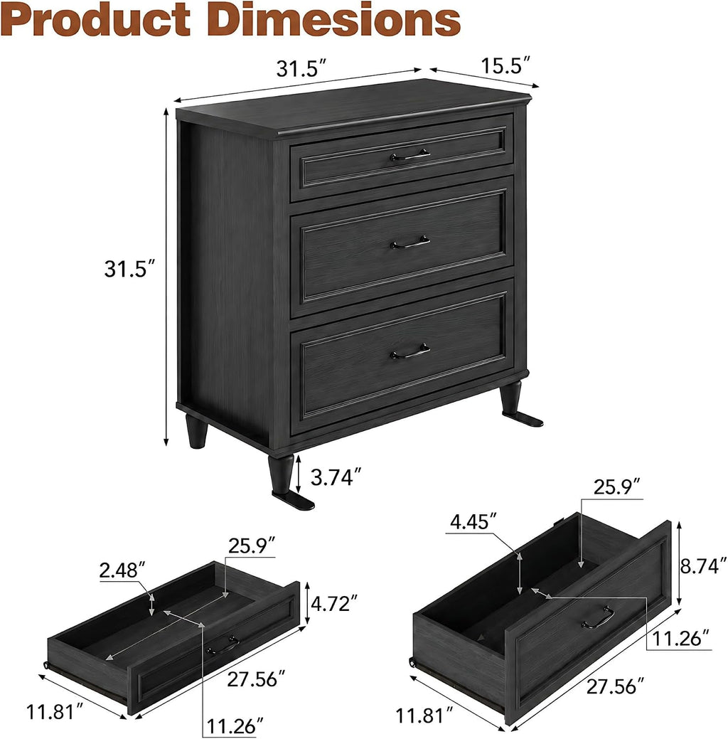 Black Grey Three Drawer Bedroom Storage Organizers