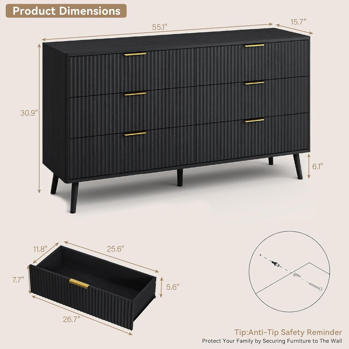 55InchWide Black Fluted Six Drawer Bedroom Dresser