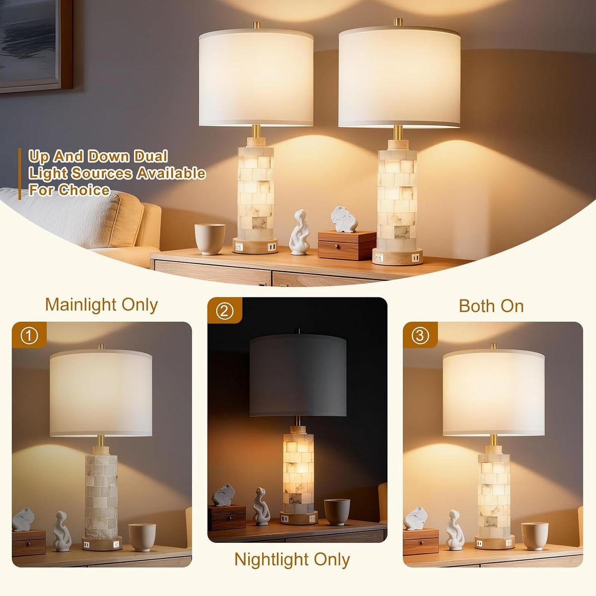 27Inch Alabaster Wood Table Lamps Setof2 Nightlight