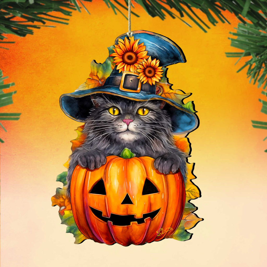 Black Cat Pumpkin Wooden Ornaments by G. Debrekht  Halloween Decor - 8652794