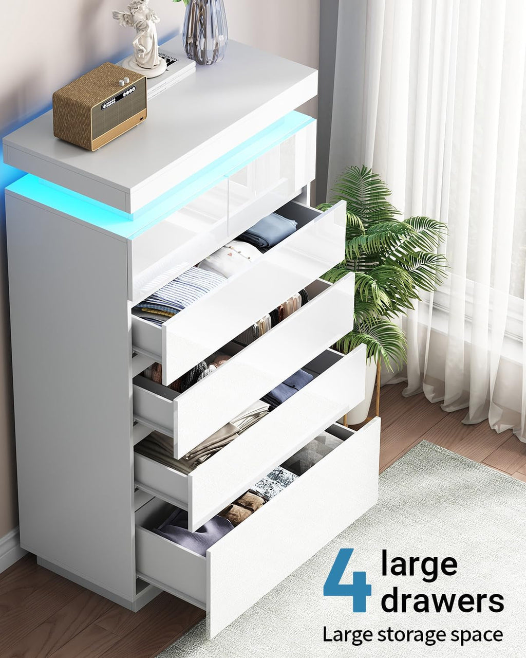 White 6 Drawer High Gloss Dresser Featuring Integrated Led Lights