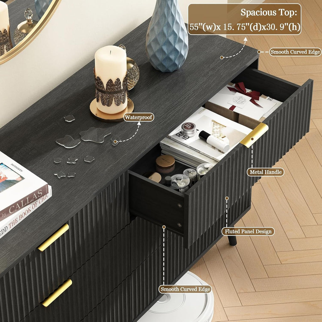 55InchWide Black Fluted Six Drawer Bedroom Dresser