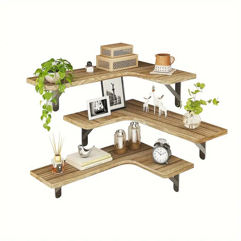 NNETM Set of 5 Rustic Wooden Corner Floating Shelves - Wall Mounted Storage Racks