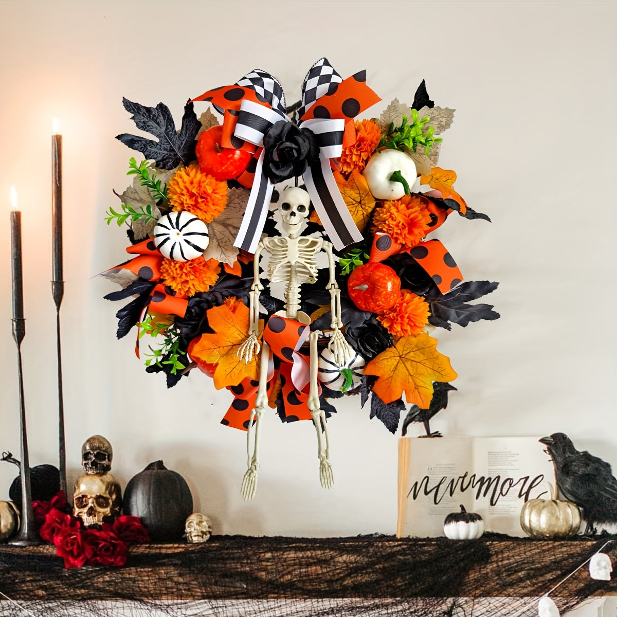 NNETM Gothic Horror Wreath Skeleton Pumpkin Halloween Decor