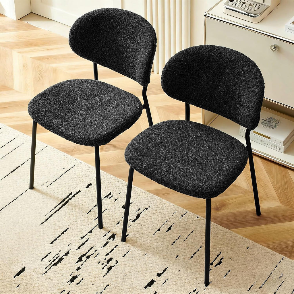 Black Boucle Curved-Back Metal-Leg Dining Chair Pair