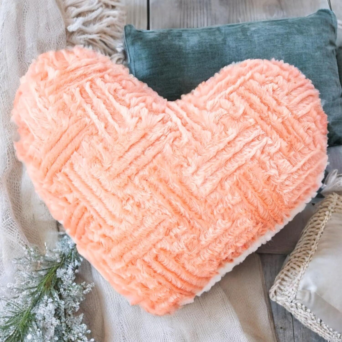 DaDa Bedding Heart Shaped Pillow Coral Peach Pink Faux Fur & Sherpa Soft Decorative Throw Pillow - 14x16 inches Coral Peach for Valentine's Day or Any Special Occasion