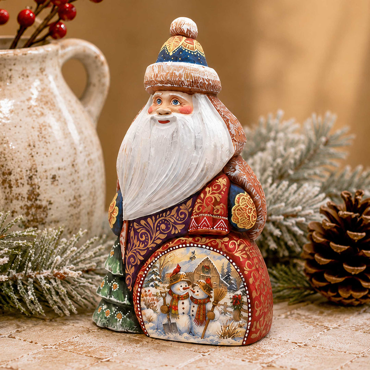 Snowman Christmas Santa Hand-Carved Wooden Figurine-  Hand-Painted WOODCARVED Masterpiece Figurine by G. DeBrekht - Christmas Decor - 8203027