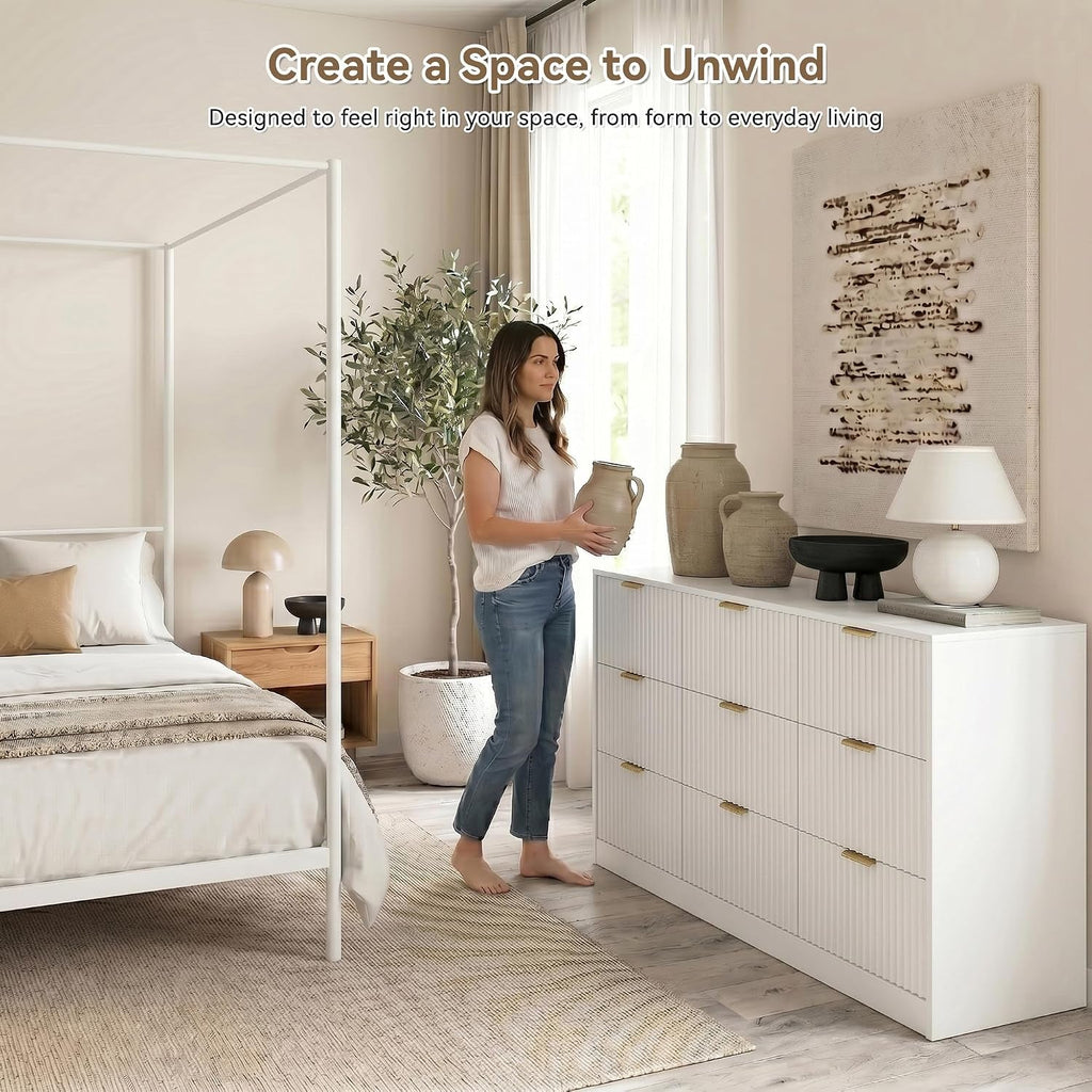 White 9 Drawer Dresser for Bedroom, 63" Wide Modern Fluted Chest of Drawers, Wooden Dresser with Gold Metal Handles, Mid Century Large Dresser TV Stand for Living Room Hallway
