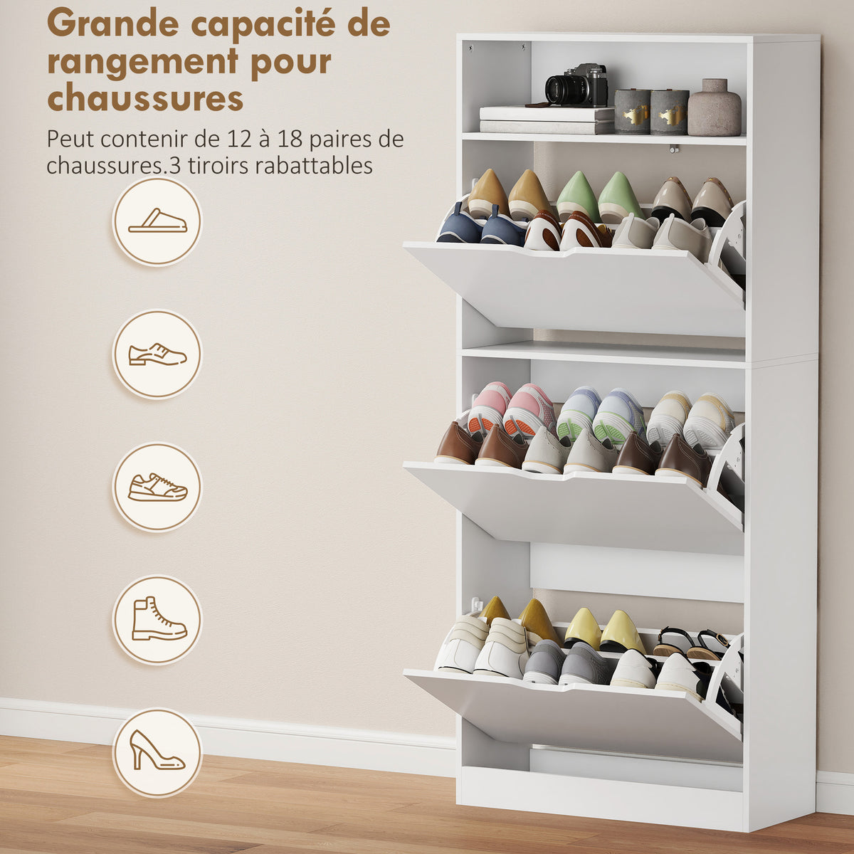 Meuble à chaussures 18 paires, armoire à chaussures étroite, 3 tiroirs rabattables, étagères réglables, blanc