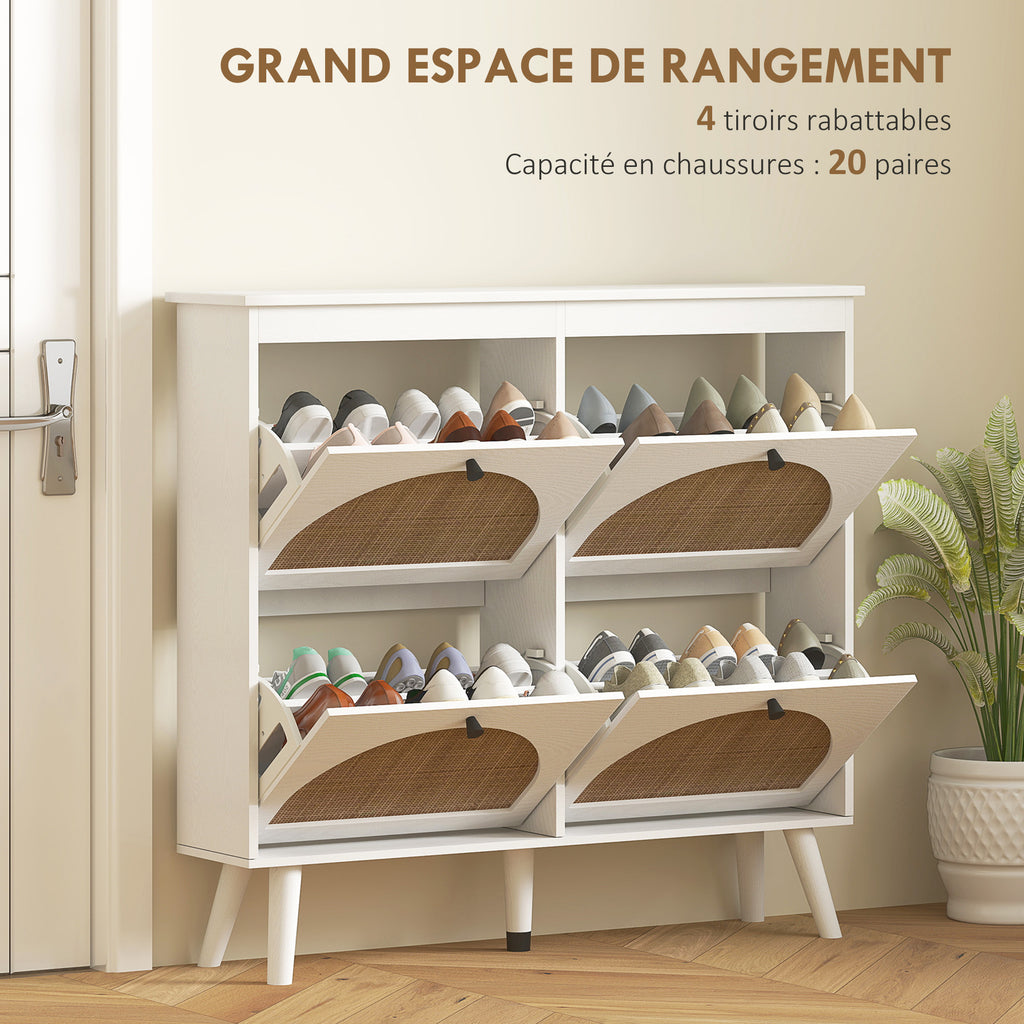 Meuble à chaussures 4 abattants 20 paires étagère réglable style bohème pieds en bois massif 105 x 24 x 97,5 cm blanc