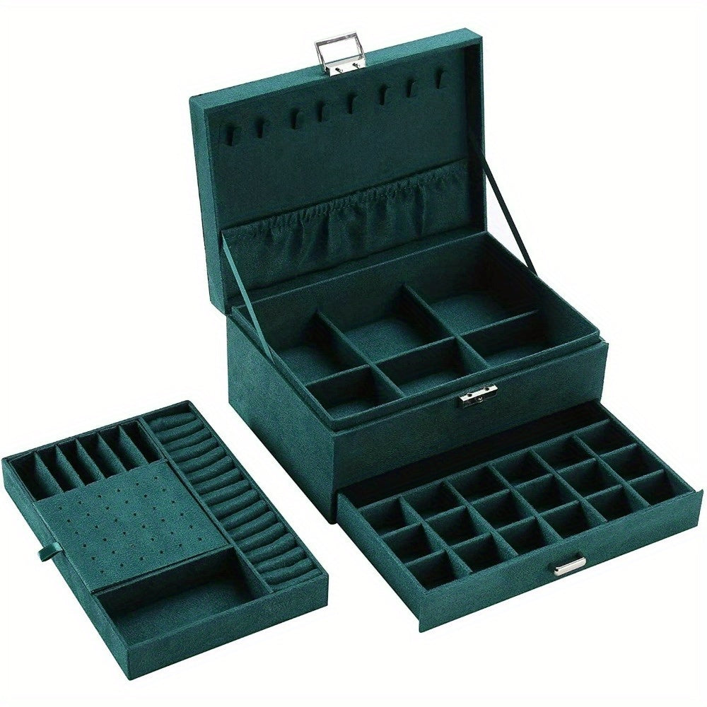 Luxury Dark Green Velvet Jewelry Box – 3-Layer Lockable Jewelry Organizer with Drawers