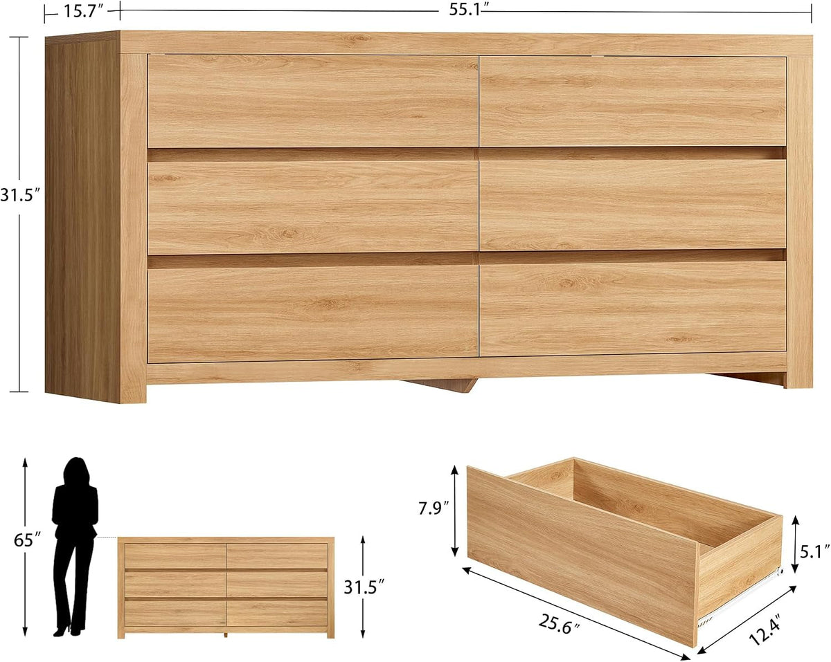 55 Inch Natural Contemporary Wooden Bedroom Dresser Six Drawers