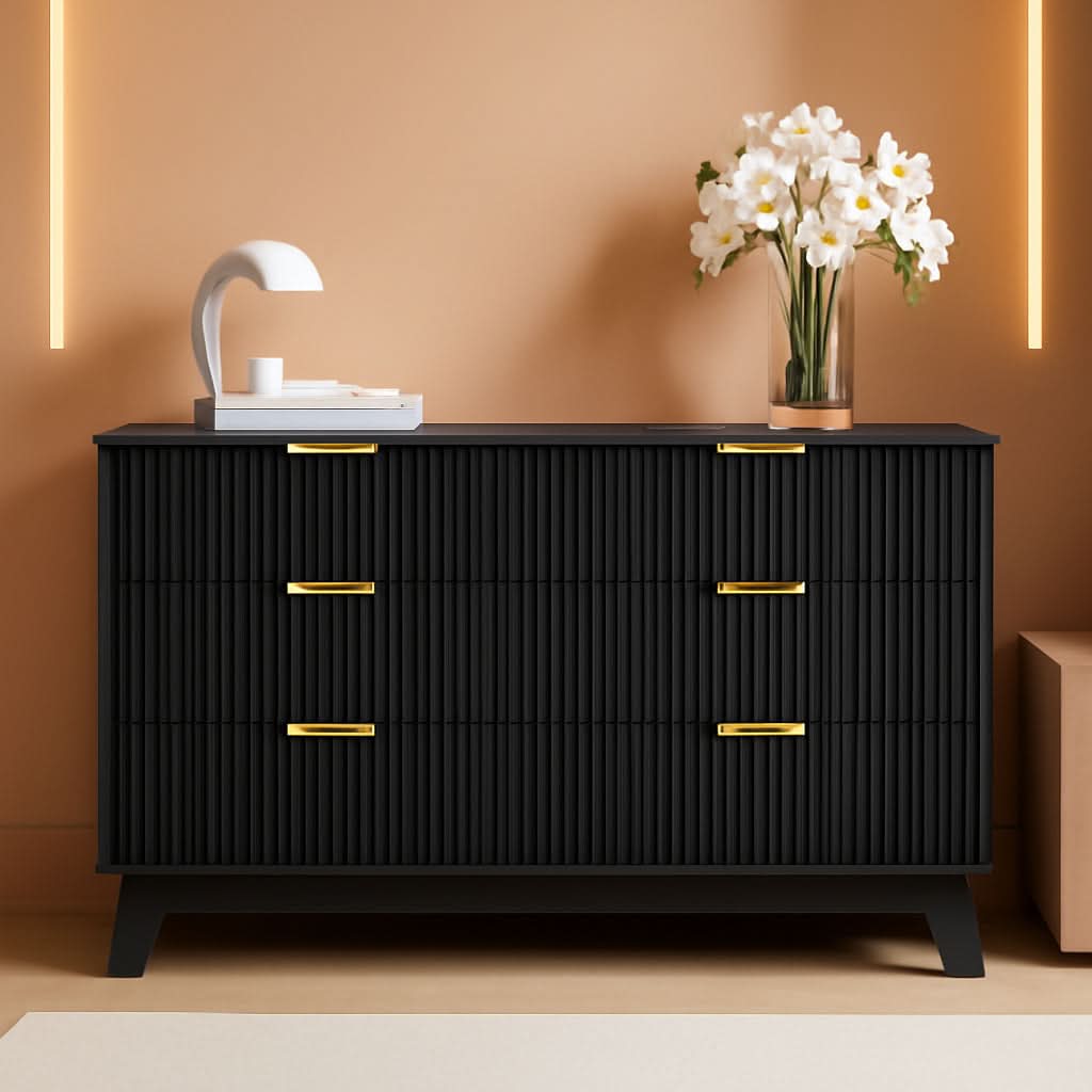 6 Drawer Dresser In Natural Wood With Fluted Front And Gold Handles