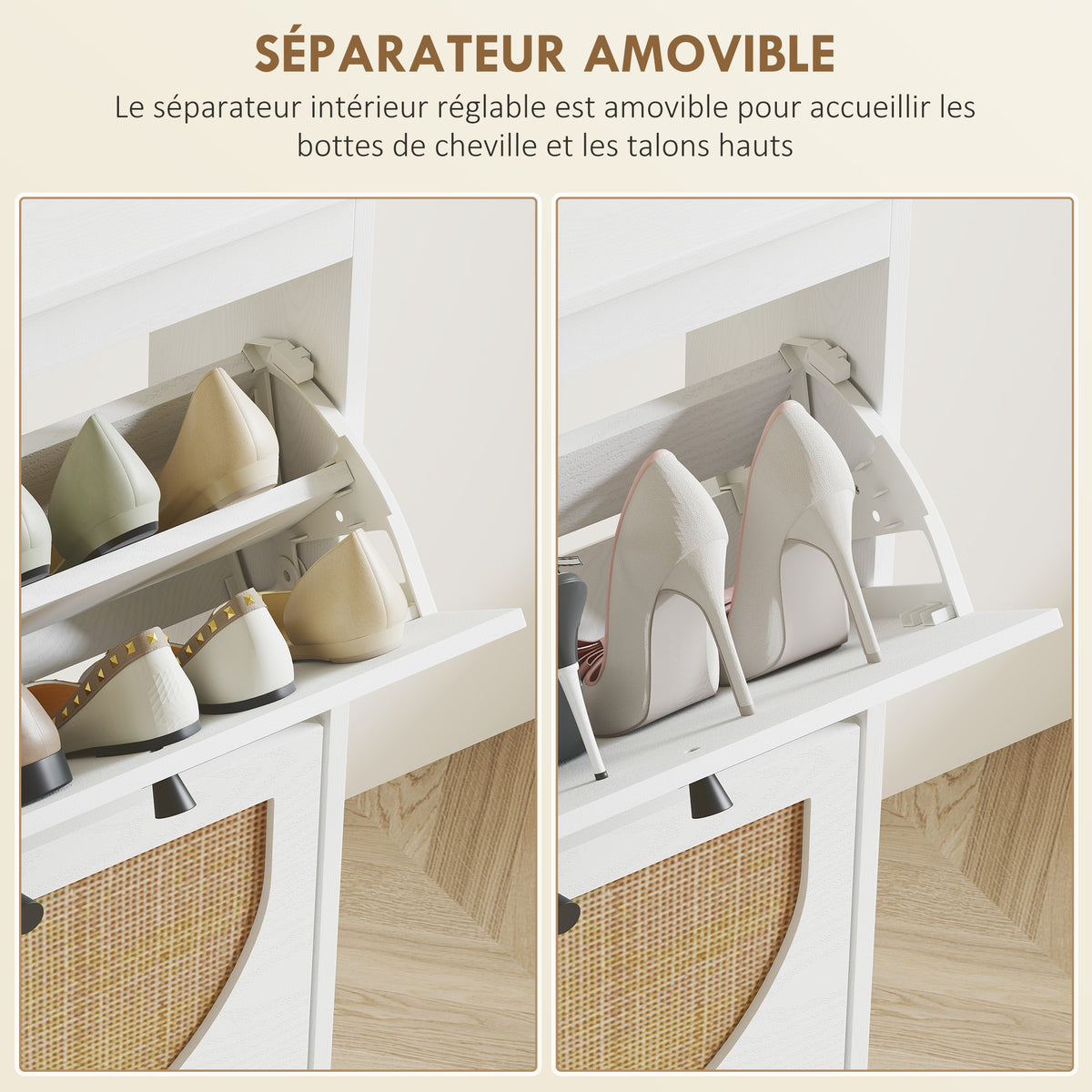 Meuble à chaussures 4 abattants 20 paires étagère réglable style bohème pieds en bois massif 105 x 24 x 97,5 cm blanc