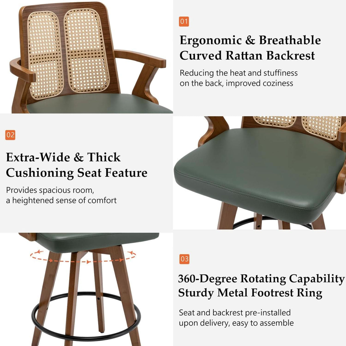 Swivel Counter Stools Set of Two with Rattan Back