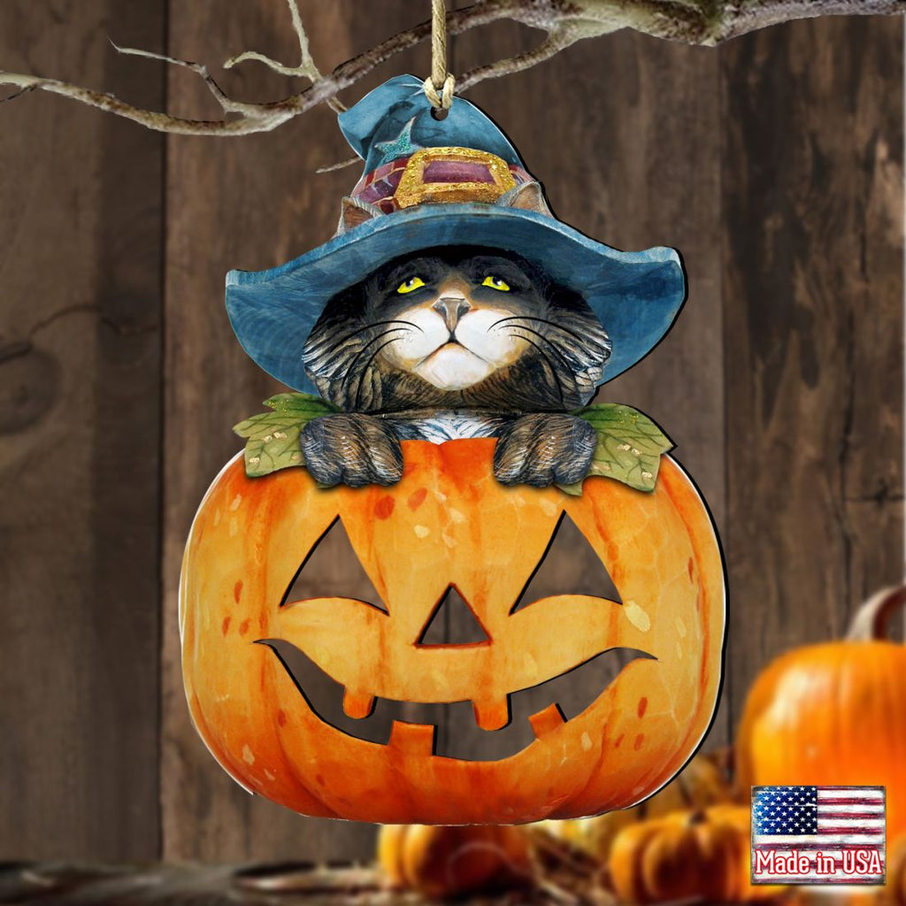 Halloween Cat Pumpkin Wooden Ornaments Fall by G. DeBrekht - Thanksgiving Halloween Decor - 8158416
