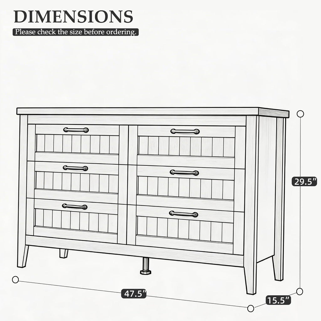White Slim Modern Six Drawer Dresser With USB Charging