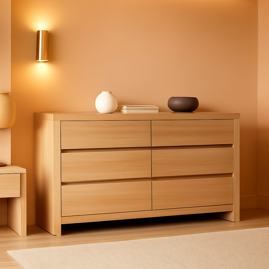 55 Inch Natural Contemporary Wooden Bedroom Dresser Six Drawers