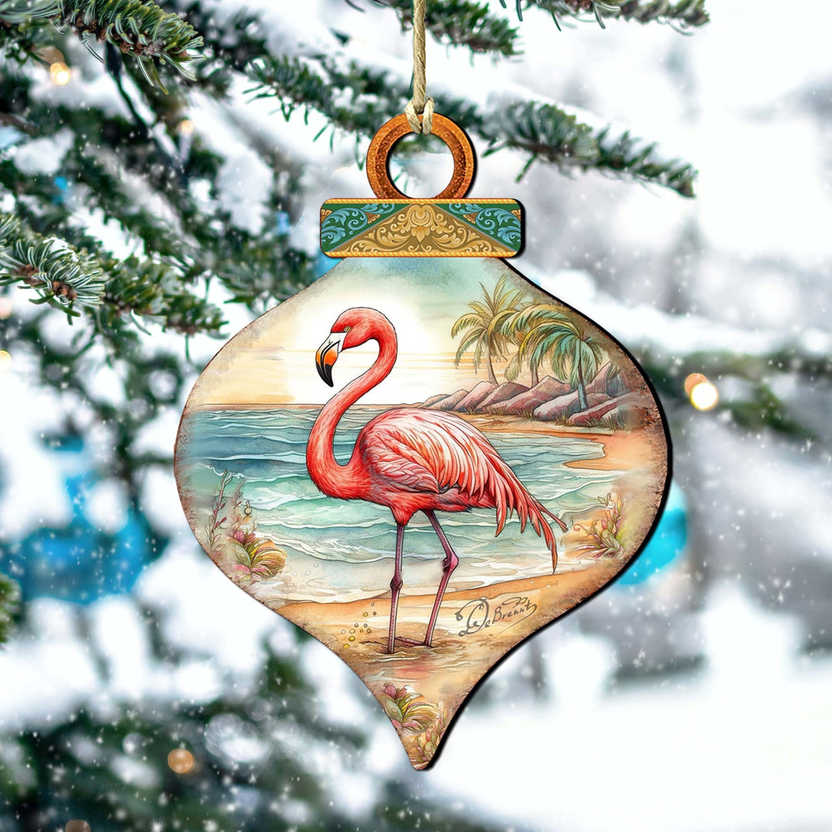 Holiday Coastal Decor - Flamingo Charm Wooden Ornaments by G. Debrekht - Coastal Holiday Decor - 8688173
