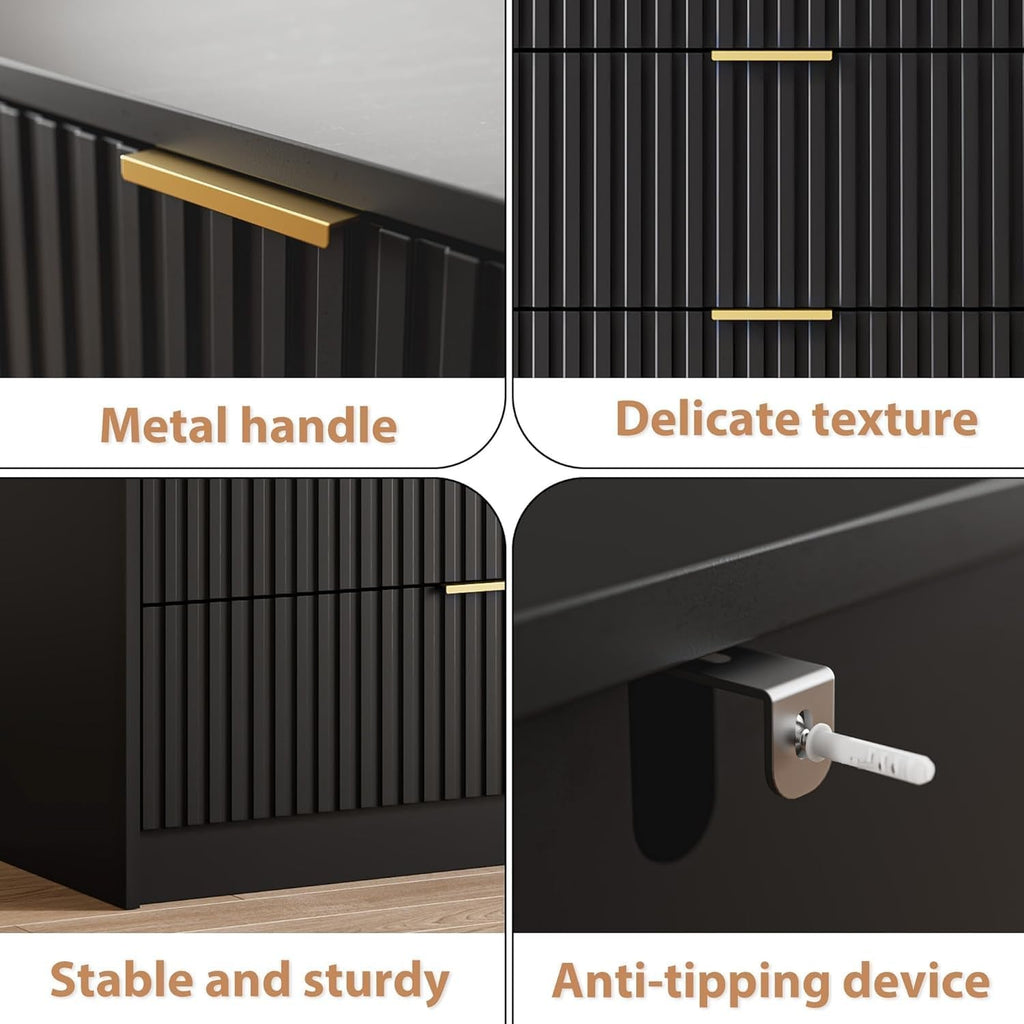 55" Wide Fluted 6-Drawer Double Dresser for Bedroom, Black