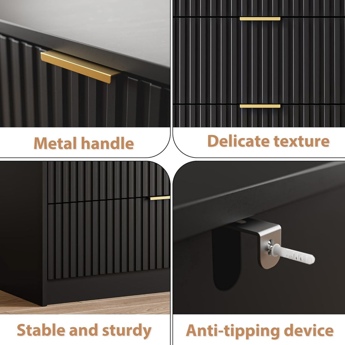 55" Wide Fluted 6-Drawer Double Dresser for Bedroom, Black