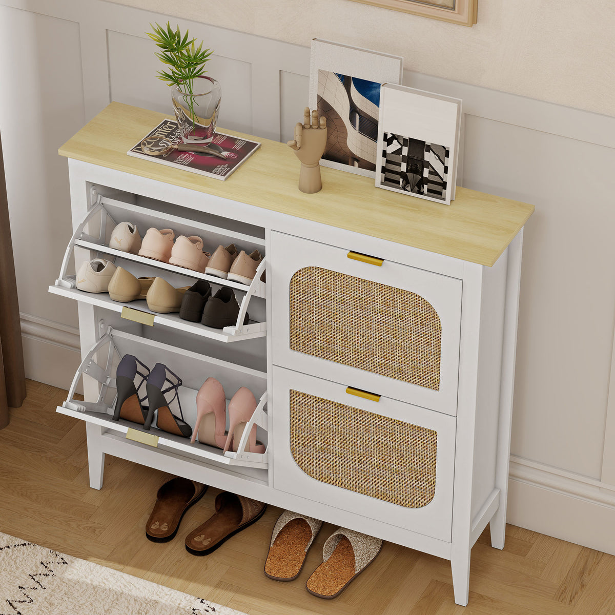 Meuble à chaussures 20 paires bohème avec 4 tiroirs rabattables, portes effet cannage rotin, 105 x 24 x 95,5 cm, blanc