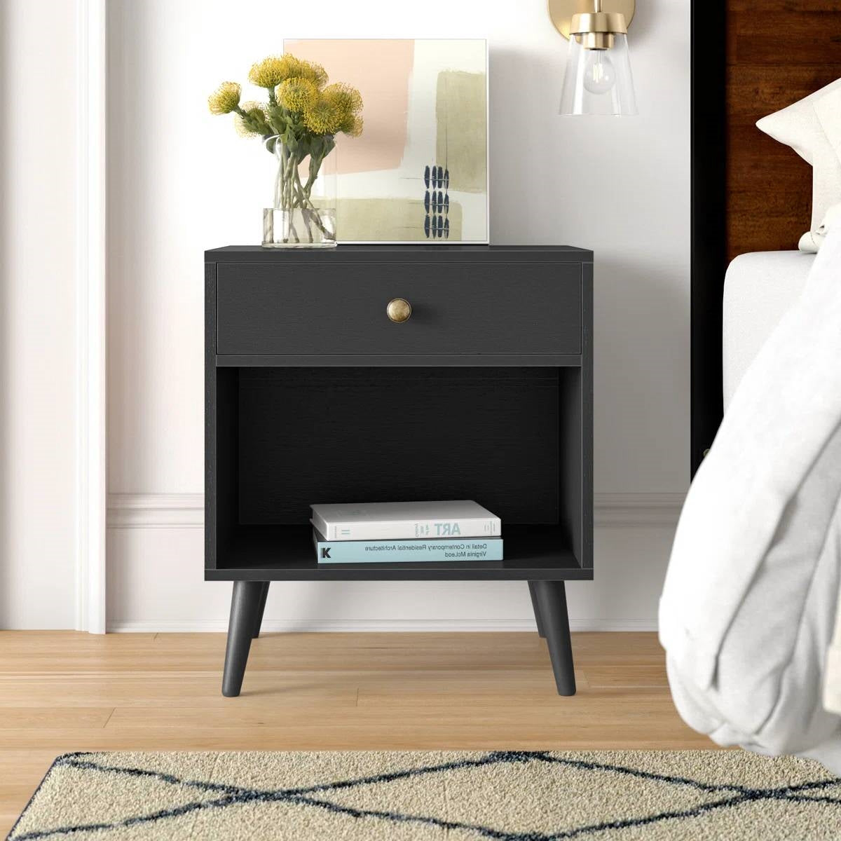 Mid-Century Farmhouse 1-Drawer Nightstand with Open Shelf in Black Wood Finish