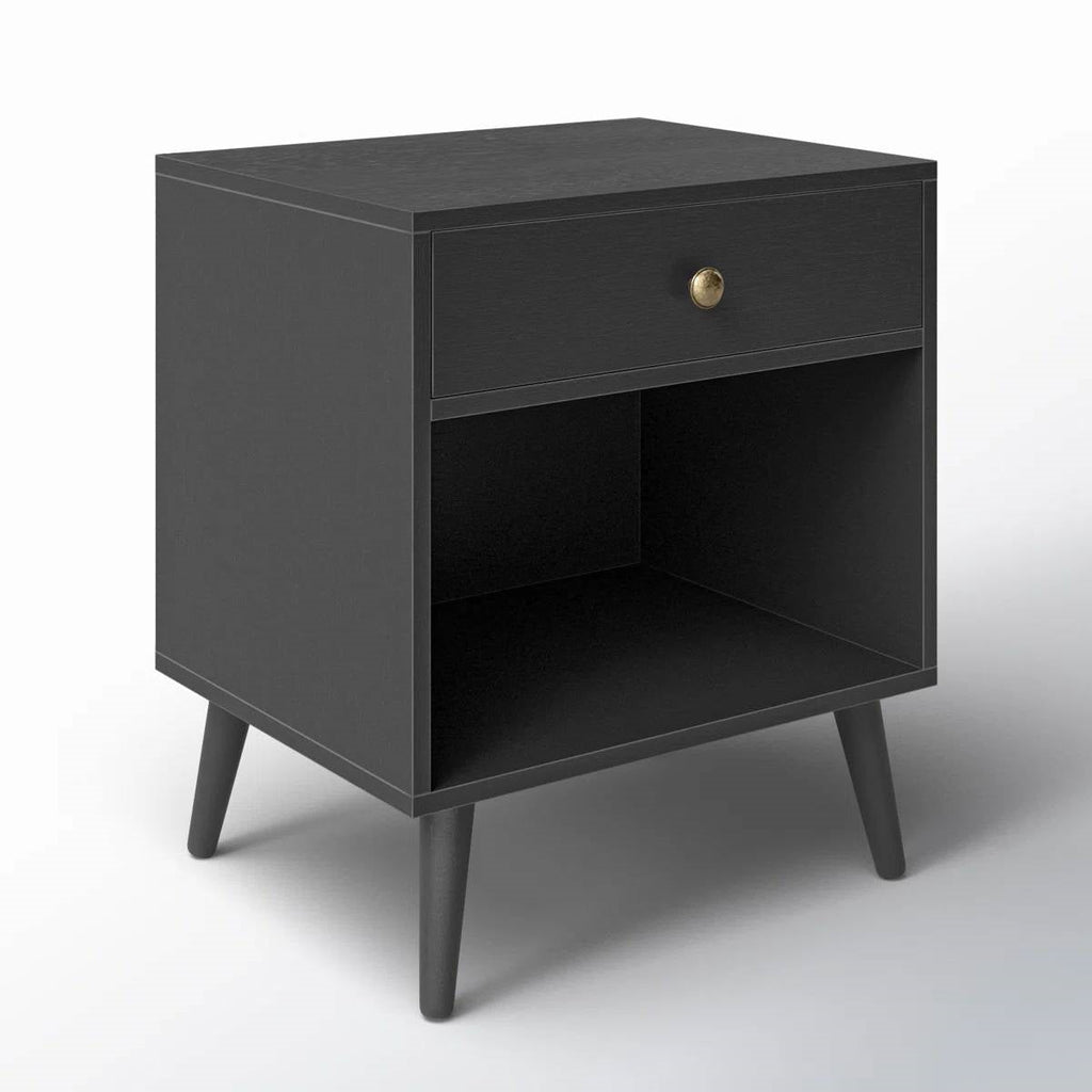 Mid-Century Farmhouse 1-Drawer Nightstand with Open Shelf in Black Wood Finish