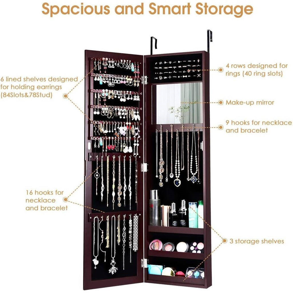 2-in-1 Dark Brown Wall or Door Mounted Jewelry Organizer Full Length Mirror