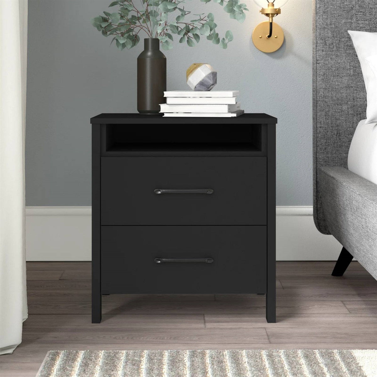 Modern 2-Drawer Nightstand Bedside Table in Black Wood Finish