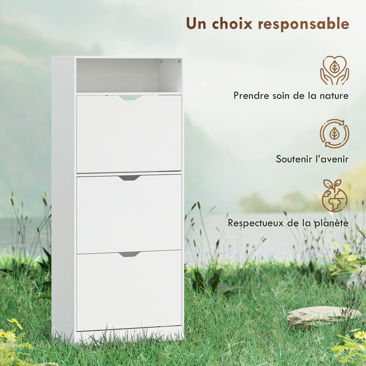 Meuble à chaussures 18 paires, armoire à chaussures étroite, 3 tiroirs rabattables, étagères réglables, blanc