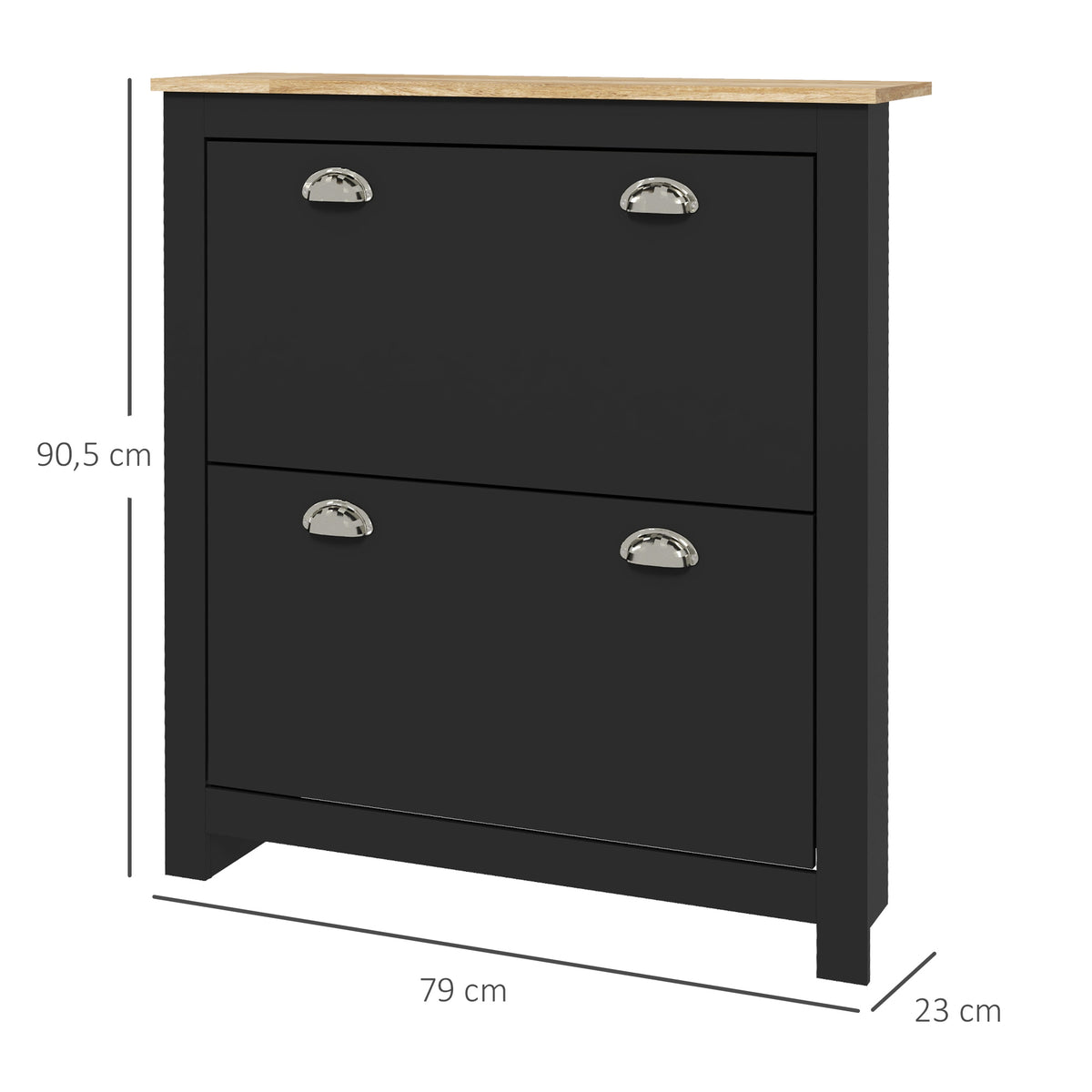 Armoire à chaussures 2 portes abattantes 2 compartiments poignées coquilles métal 79 x 23 x 90,5 cm noir chêne