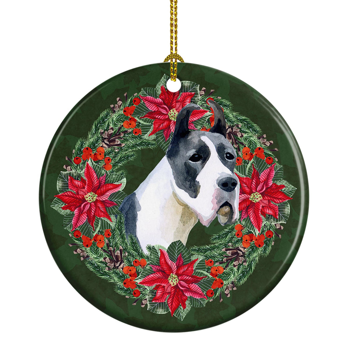 Harlequin Great Dane Poinsetta Wreath Ceramic Ornament