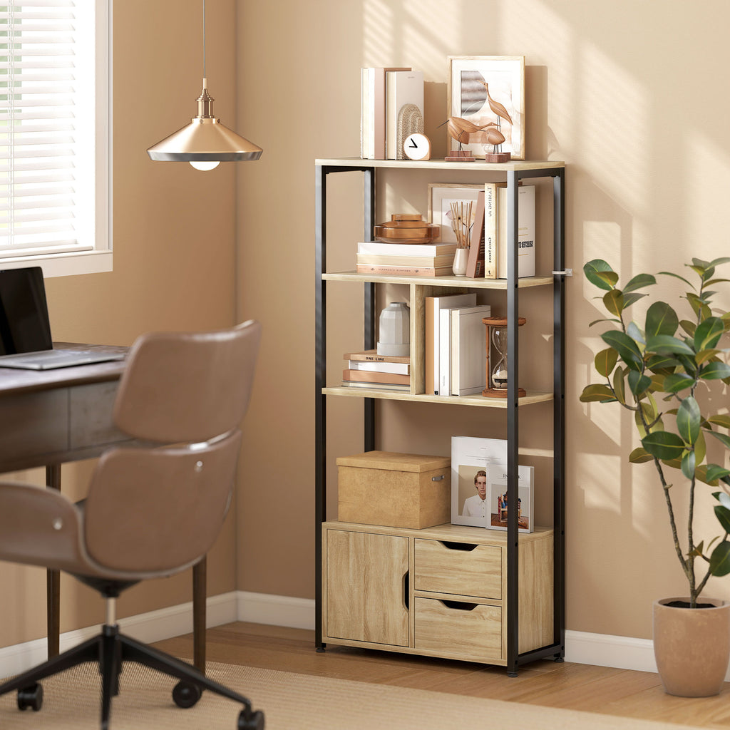 Bibliothèque style industriel 3 étagères placard porte 2 tiroirs 58 x 24 x 122 cm effet bois naturel acier noir