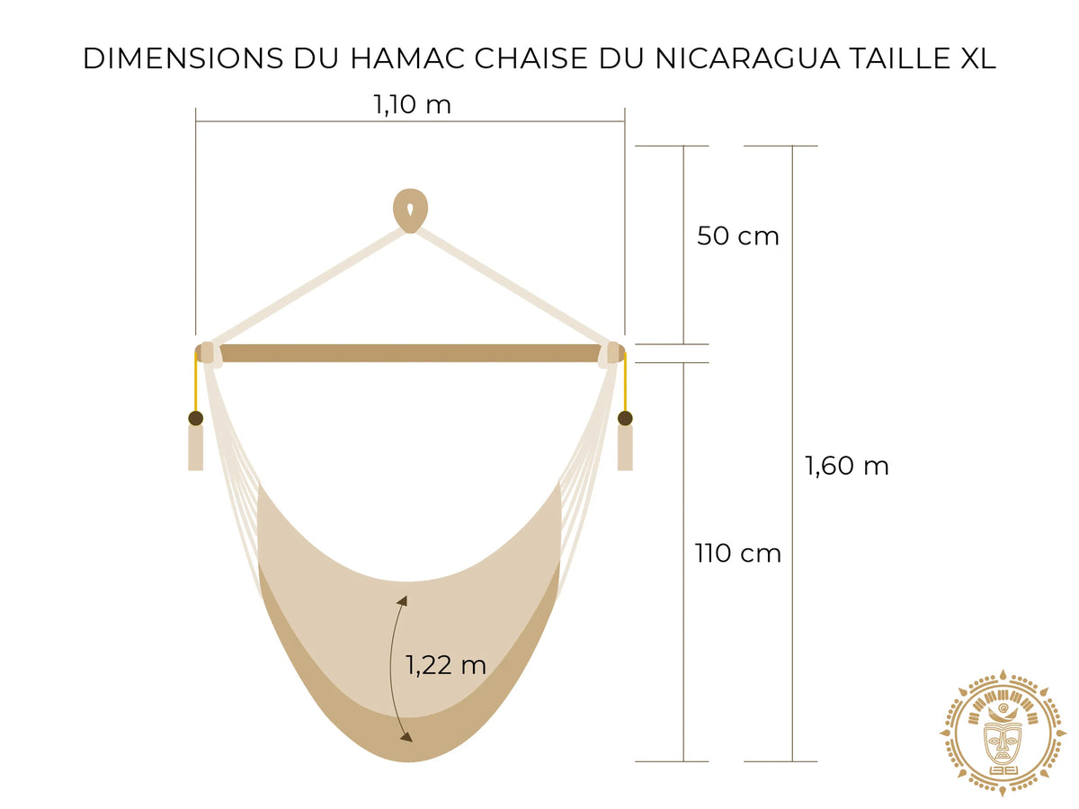 Dessin d'un hamac chaise du Nicaragua fait main XL avec mesures détaillées