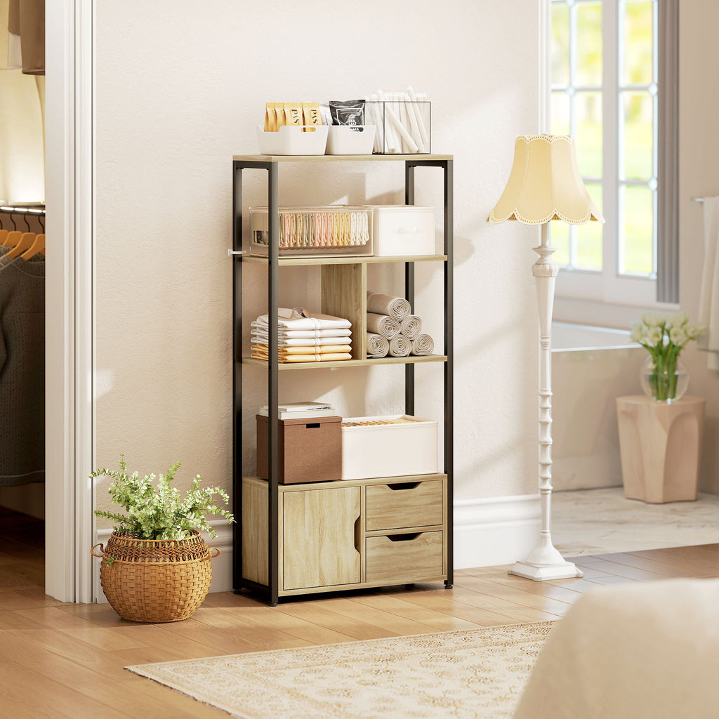 Bibliothèque style industriel 3 étagères placard porte 2 tiroirs 58 x 24 x 122 cm effet bois naturel acier noir