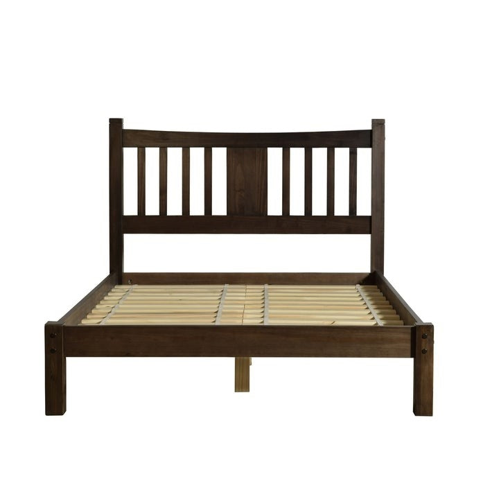 Queen size Solid Pine Wood Platform Bed with Headboard in Espresso