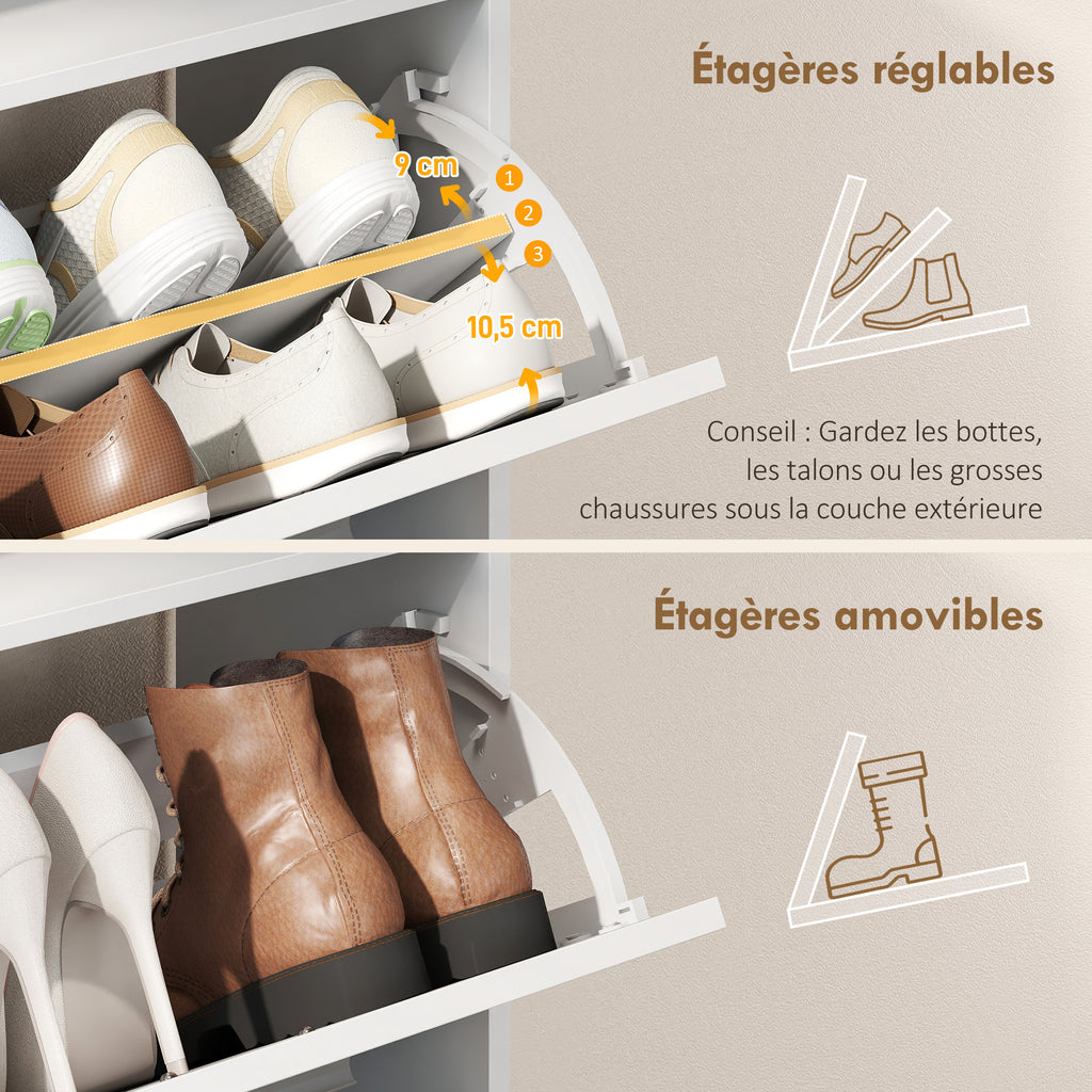 Meuble à chaussures 8 paires, armoire à chaussures, 2 tiroirs rabattables, étagères réglables et compartiment, blanc