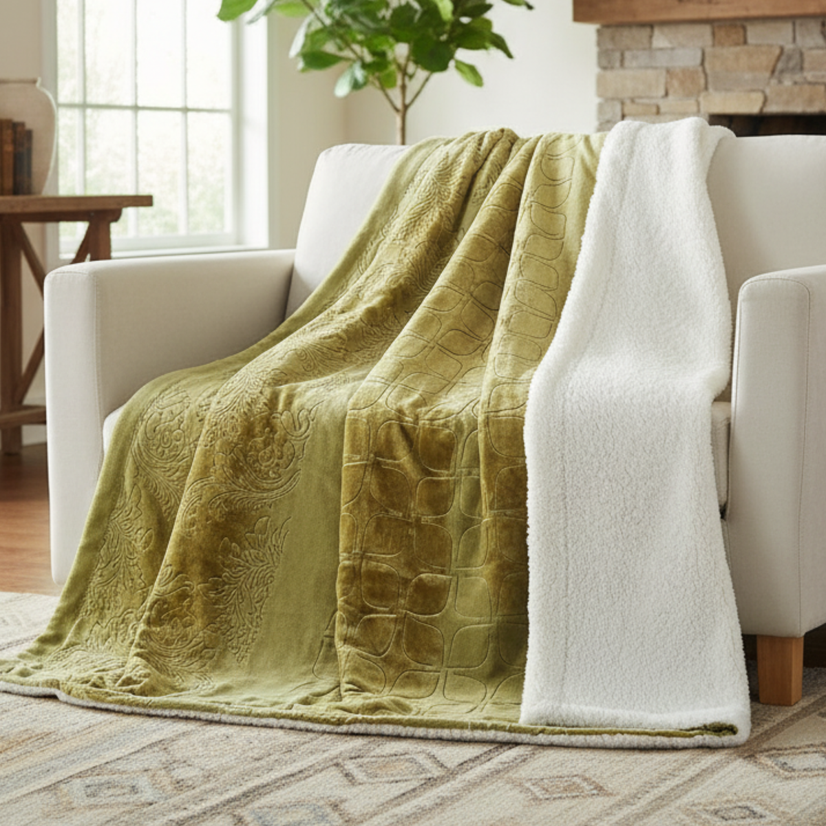 Tache Solid Embossed Green Olive Chartreuse Sherpa Throw Blanket (62096)